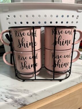 Rise and Shine Pink Ceramic Mug Set with Black Holder